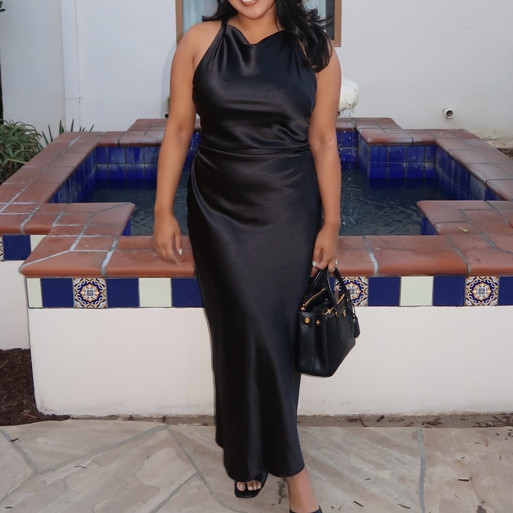 Zara Satin Black Halter Evening dress